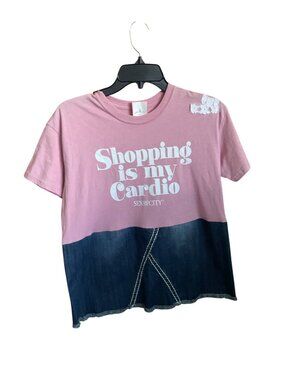 Sex And The City "Shopping Is My Cardio" Pink & Denim Colorblock Crop T-Shirt Si